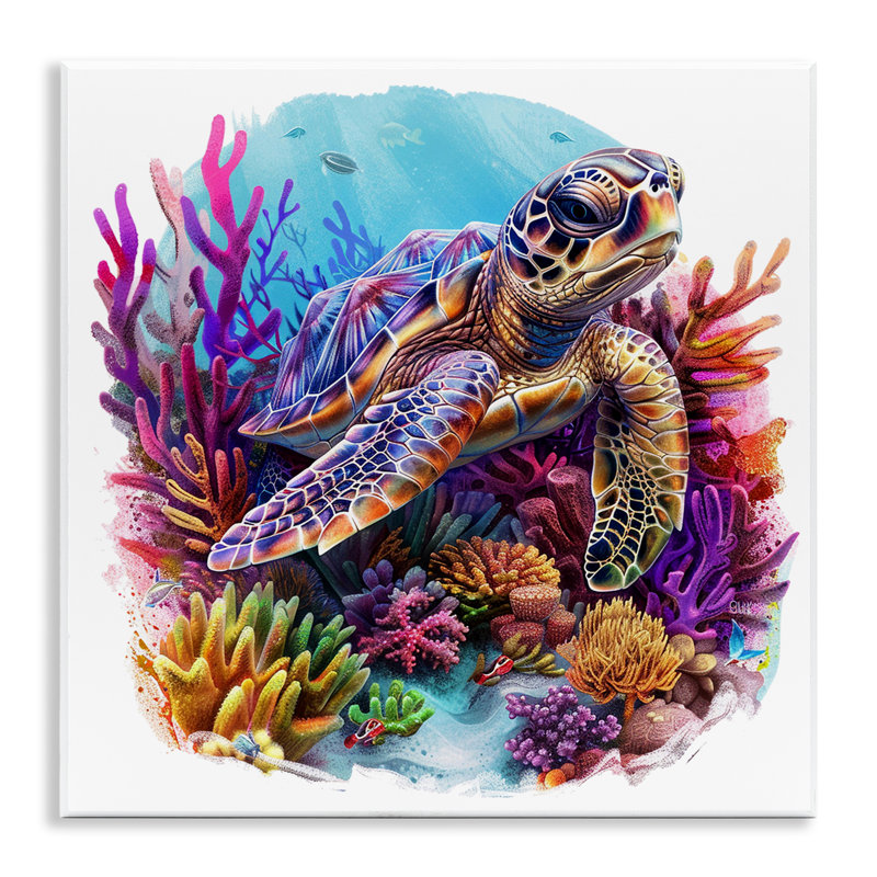 Tortue et corail mauve, art mural par LSR Design Studio