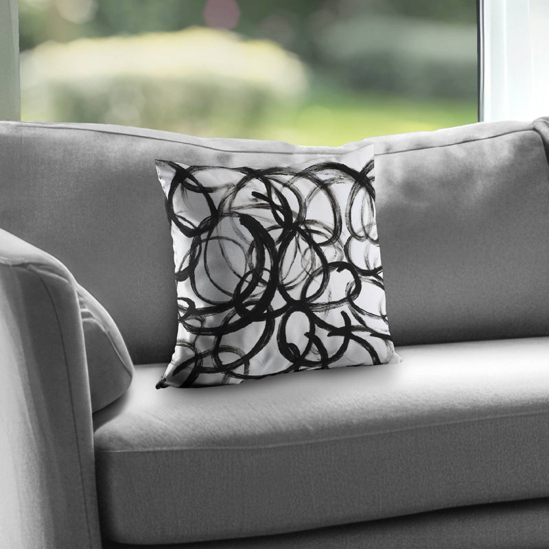 Abstract Curly Lines Black Poly Twill Throw Pillow – Poly Twill Throw Pillow with Insert, Double-Sided Print