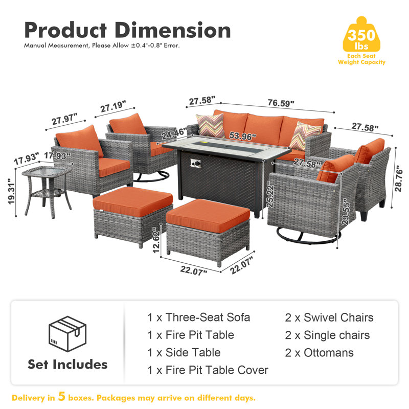 9 - Person Outdoor Wicker Patio Conversation Furniture Set With Fire Pit Table, Orange Red