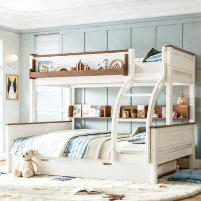 Lit superposé simple au-dessus d'un lit double en bois avec lit gigogne escamotable, tablette de rangement latérale, cadre de lit superposé détachable, convertible en 2 lits séparés pour enfants, adolescents, adultes, beige et naturel