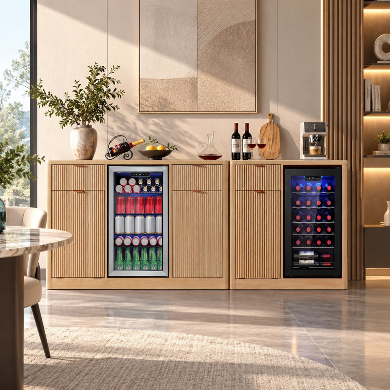 Meuble-bar à café UNAFLOR 2 pièces avec réfrigérateur, poubelle à bascule et borne de recharge, Naturel