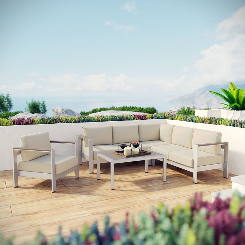 Shore 5 Piece Outdoor Patio Aluminum Sectional Sofa Set, Beige
