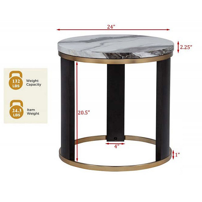 Table de bout ronde en faux marbre, table d'appoint de salon avec accents