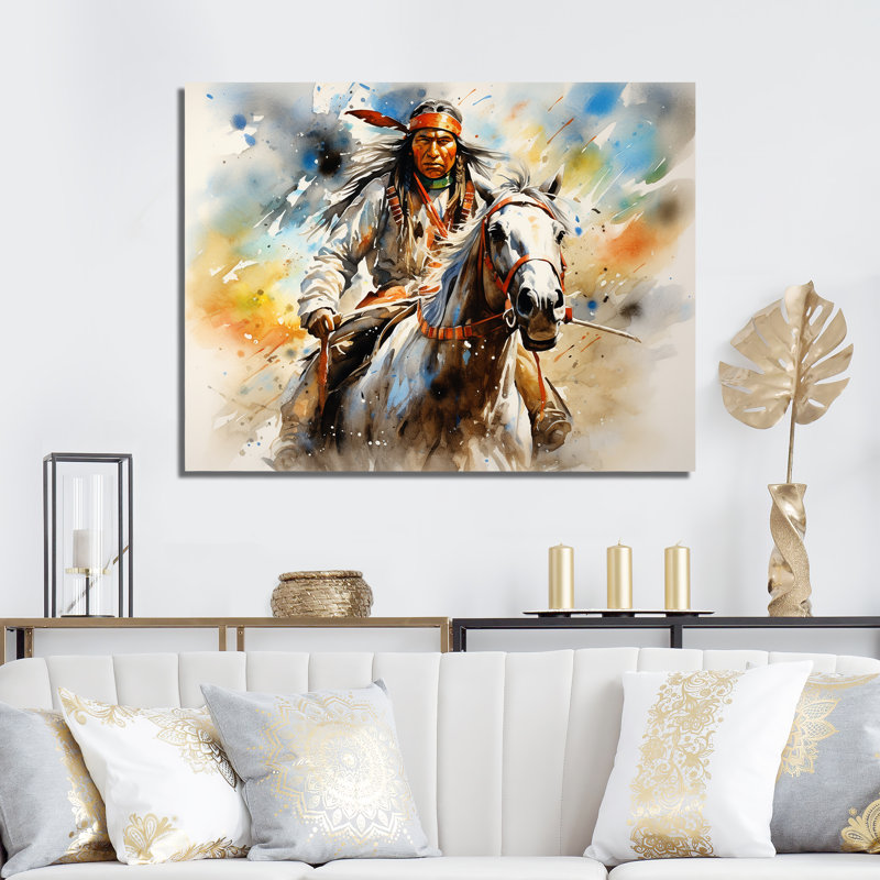 «Colorful Native Indian Warrior», reproduction d'art sur toile encadrée, Toile tendue, H 34 po x l 44 po x P 1,5 po
