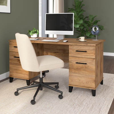 Bureau 60 po avec tiroirs Kaionna, bureau d'ordinateur avec rangement, bois moderne, noyer frais