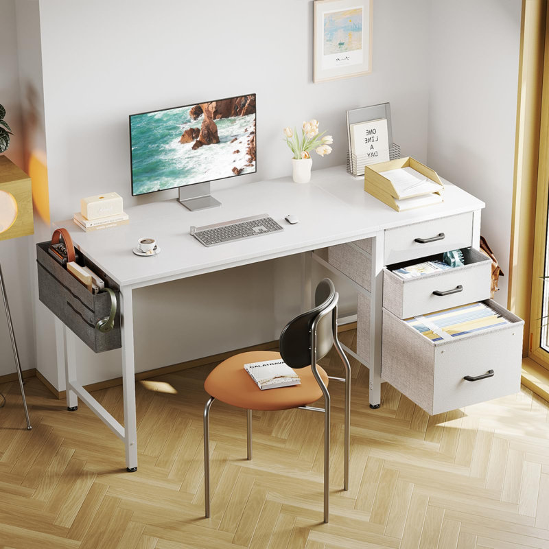 40" Small Computer Home Office Desk For Bedroom With Fabric Drawers & File Cabinet, Cloth Storage Bag And Hook, Writing Study Work Table For Small Space, White