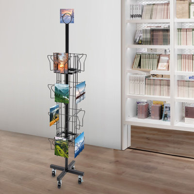 4 Tier Greeting Card Rack 16 Pocket Brochure Rotating Holder Black Floor‑standing Postcard Display Stand for Retail Gift Shop