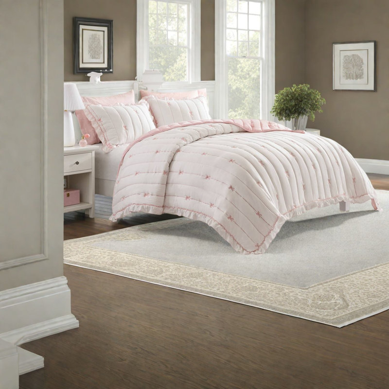 Charming Bow Embroidered Bedding Set, Microfiber Quilt For Cozy Bedrooms