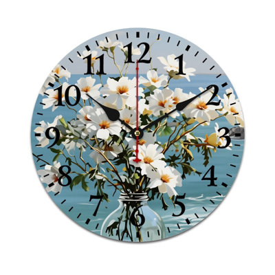 Horloge murale bleue 12 x 12 po, fleurs blanches côtières