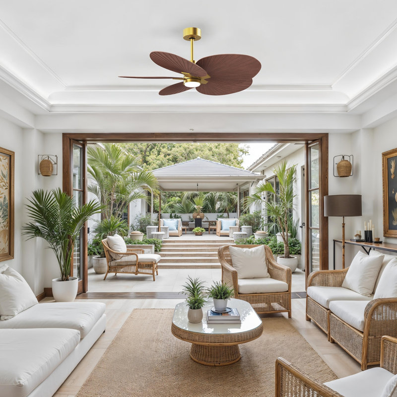 Alessandra Tropical - Five Blade Ceiling Fan - Integrated LED -Matte Black Finish -Light Blue Blades, Brushed Brass