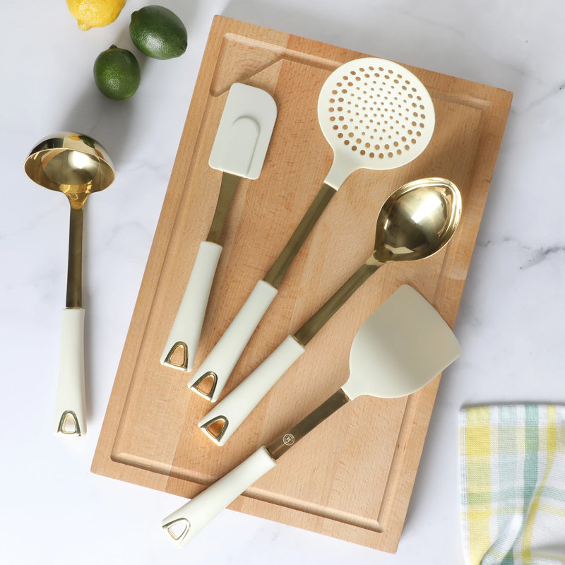 Martha Stewart Lockton 2 Piece Stainless Steel Skimmer and Ladle Kitchen Tool Set in Linen w/ Gold