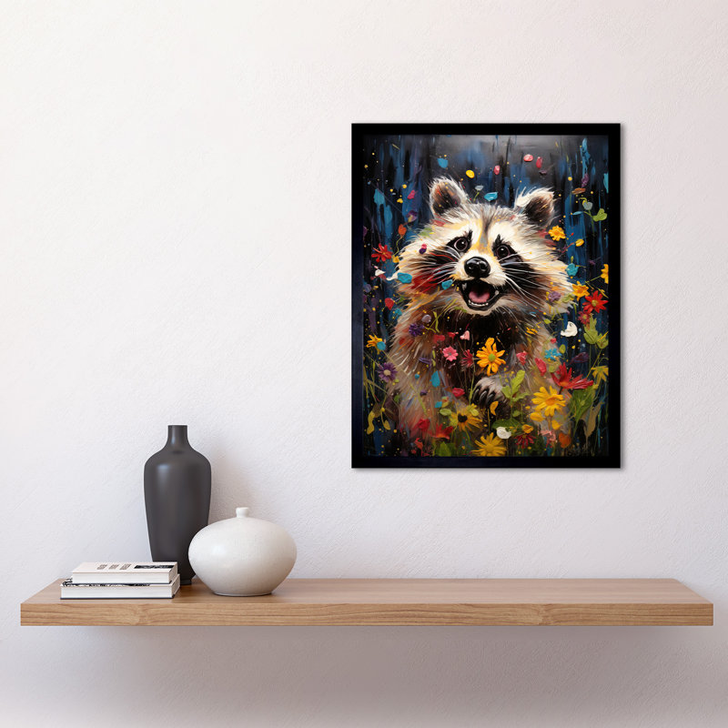 Racoon Romp Playing In A Wildflower Meadow Quirky Portrait - Single Picture Frame Print