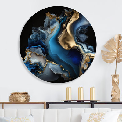 «Abstract Geode Marble Blue II», art mural rond abstrait en marbre sur métal