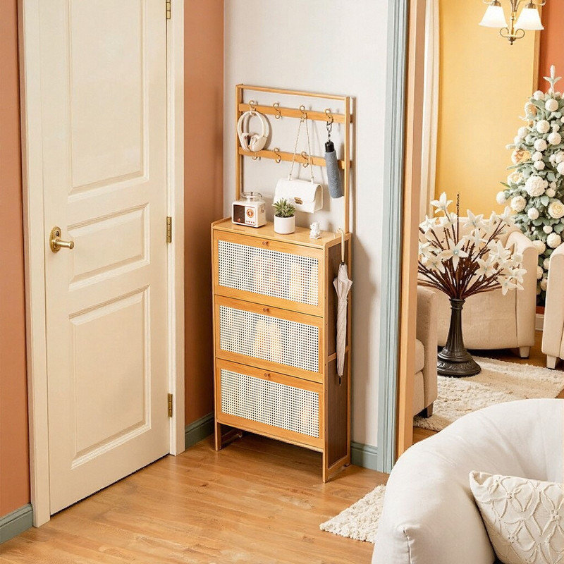 Solid Bamboo Entryway Shoe Cabinet Organizer With 3 Rattan Flip Drawers Freestanding Shoe Storage With Hooks