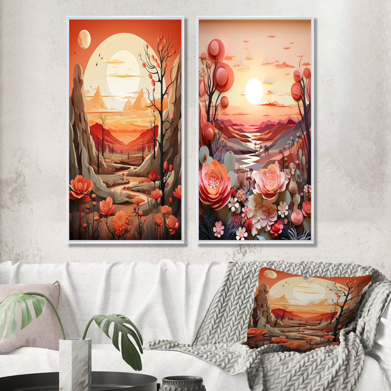 Cactus Tangerine Twilight - ensemble de 2 reproductions d'art sur toile Cactus, H 28 po x l 25 po, Cadre flottant blanc