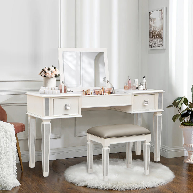 Mirrored Vanities Desk With Drawers, Bedroom Makeup Vanity Table Set With Mirror And Stool, Flip Up Dressing Table, White