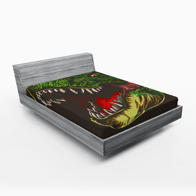 Ambesonne Dinosaur Fitted Sheet 2-Pack Wild T-Rex King Dark Brown Fern Green, King Fitted Sheet