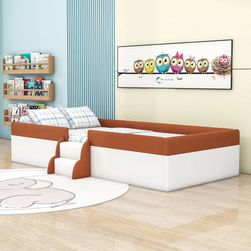 Upholstered Daybed with Guardrails and Stairs, Twin, White/Brown