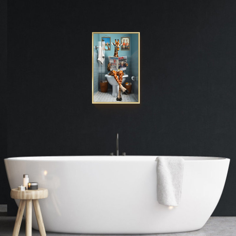 Drôle de girafe, impression sur toile encadrée, art mural, salle de bain, Encadrement doré