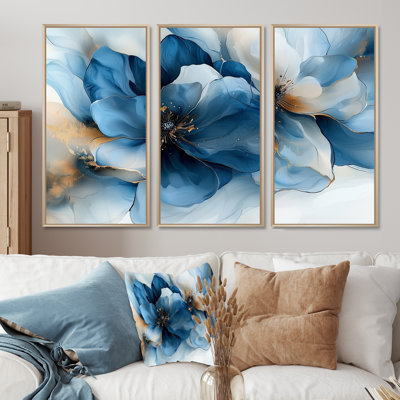 Velours blanc, bleu, chrysanthèmes, encre de rivière I - art mural grand fleur de pommier - 3 panneaux