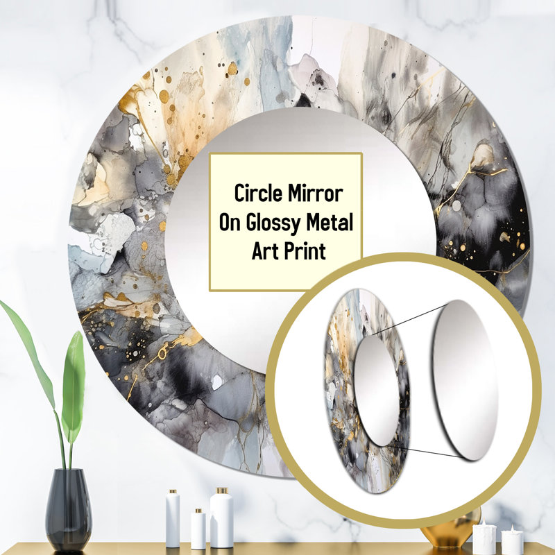 Somna Grey Gold Delicate Abstract Brushstrokes II - Marble Decorative Wall Mirror, Gray Large Round Mirror, Printed Metal Art