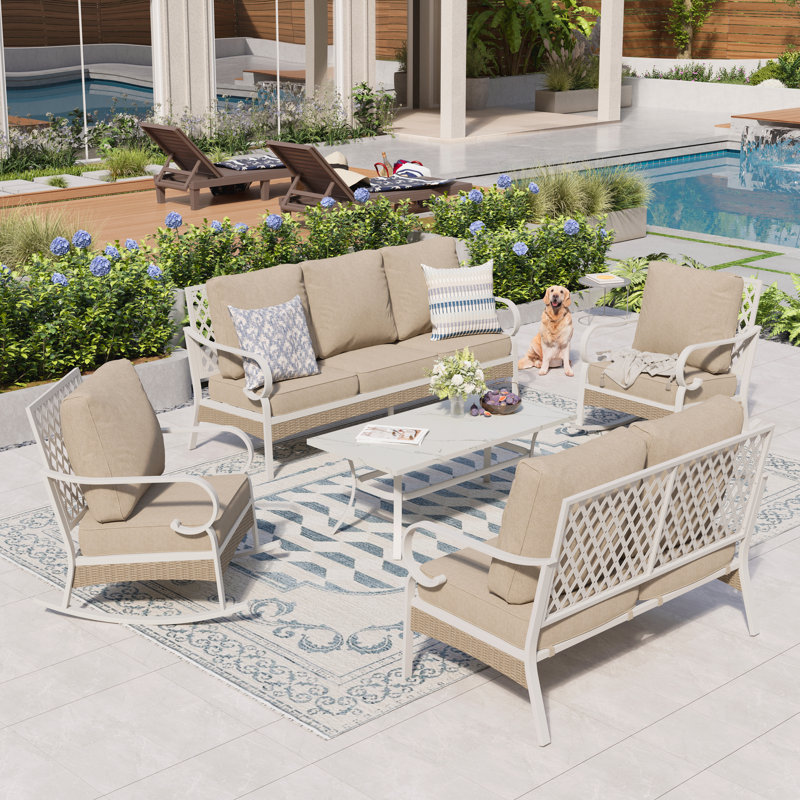 Tapasi 7-Person Outdoor Conversation Set with Loveseat & Rocking Lounge Chairs, Beige