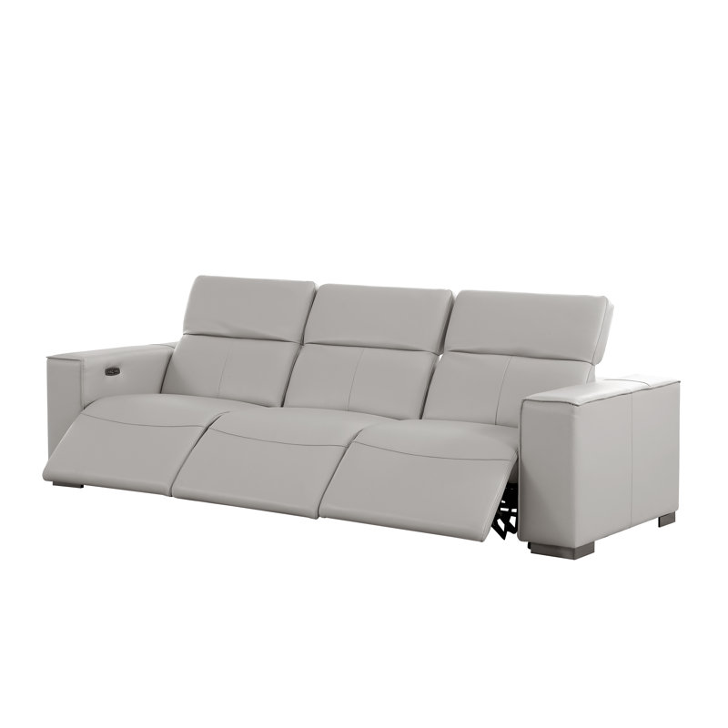 Luxurious Genuine Leather Power Reclining Sofa With Three Recliners And Power Headrests, Light Gray