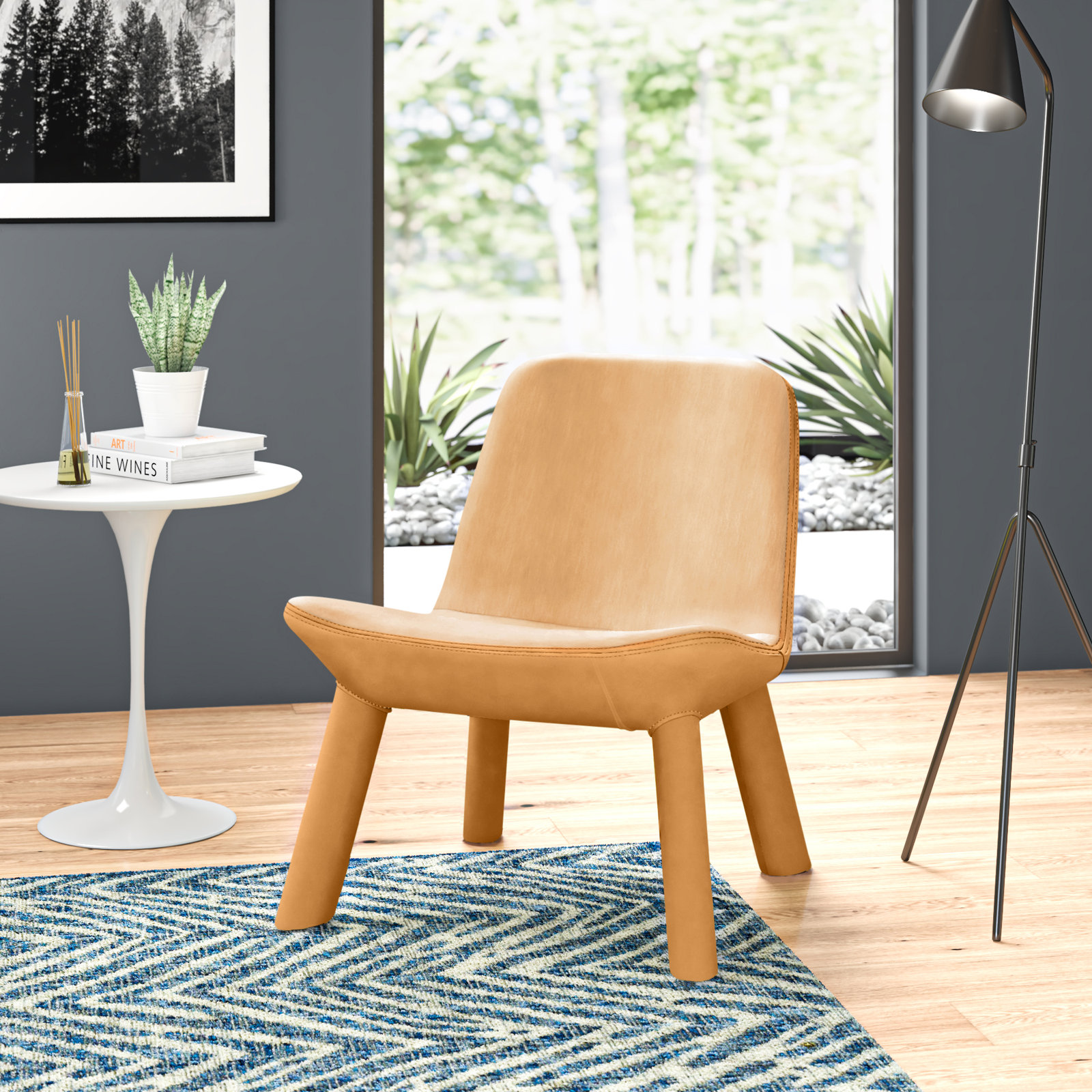 Neat Upholstered Accent Chair, Camel Genuine Leather
