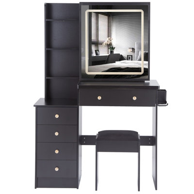 37" Middle Size Left Bedside Cabinet Vanity Table + Cushioned Stool Dresser Set, 2 AC+2 USB Socket, Hair Dryer Stand, Large Touch Control LED Sliding Mirror, 3-Color Switch, EPA, GCC, UL Certificate