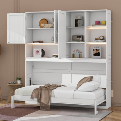 Lit escamotable mural simple avec armoire supérieure, tablettes, lumière et USB