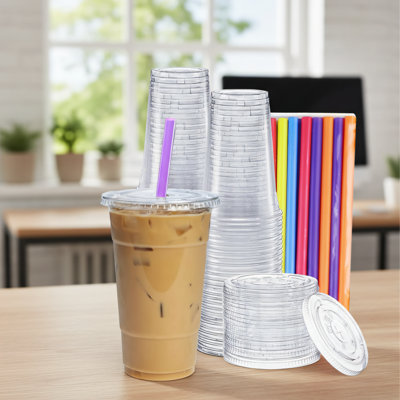 24 gobelets jetables transparents 24 oz, paquet de 100, avec couvercles plats et pailles, convenant pour le café glacé, les boissons froides et les milkshakes.