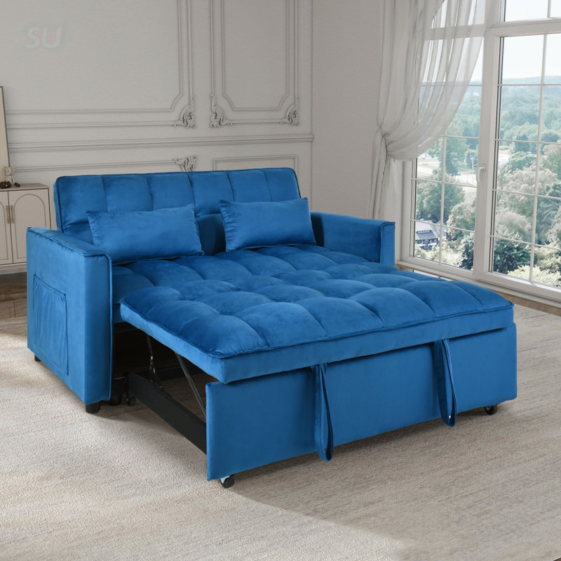 Convertible Sofa Bed, 3-In-1 Pull Out Couch With Reclining Backrest And Pillows, Ideal For Living Room, Home, Or Office, Blue