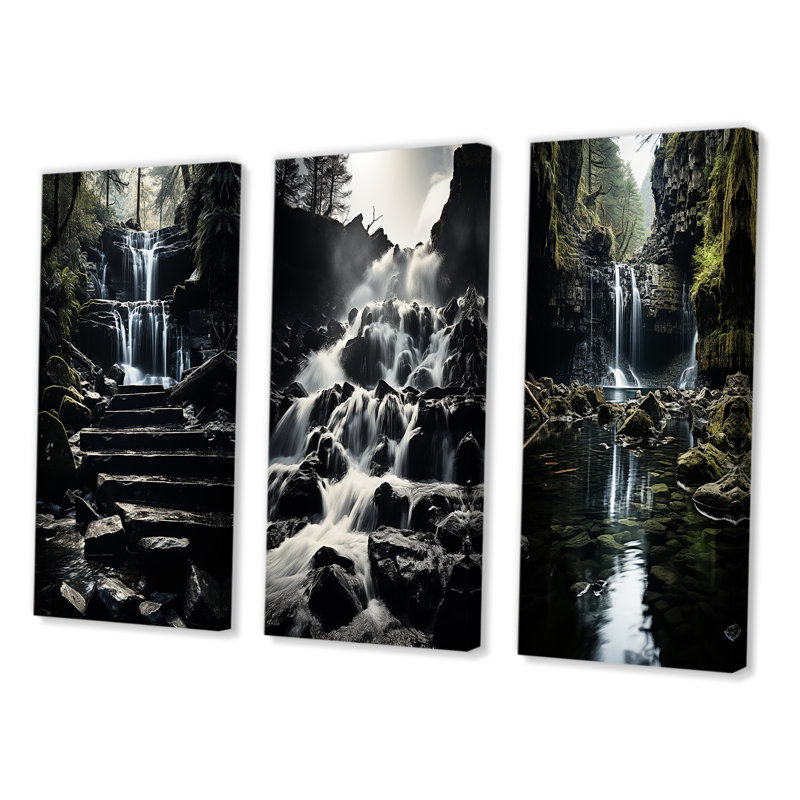 «Gray Waterfall Cascading Reflections», 3 pièces sur toile, Toile tendue, H 40 po x l 60 po