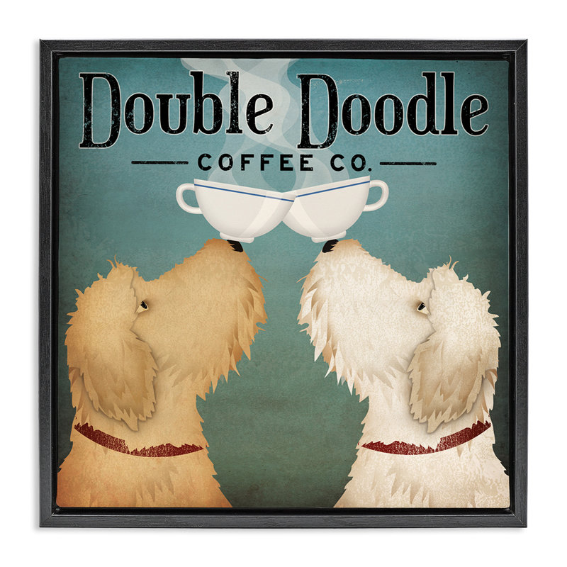 Plaque de café rétro Doodle Dog, Cadre flottant noir de jais, H 18 po x l 18 po