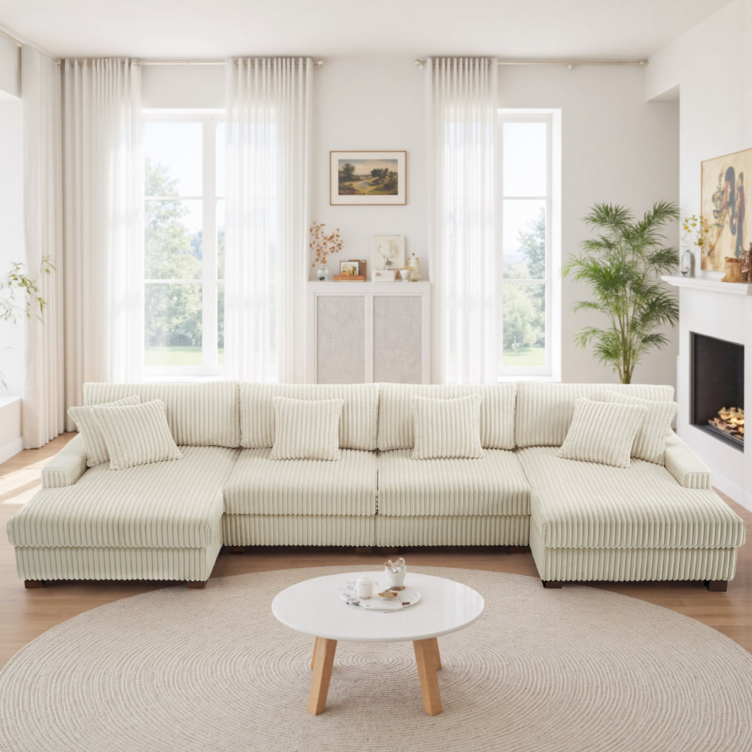 4 - Piece Upholstered Faux Rabbit Fur Flannel Modular Sectional Sofa with Armrests & Throw Pillows