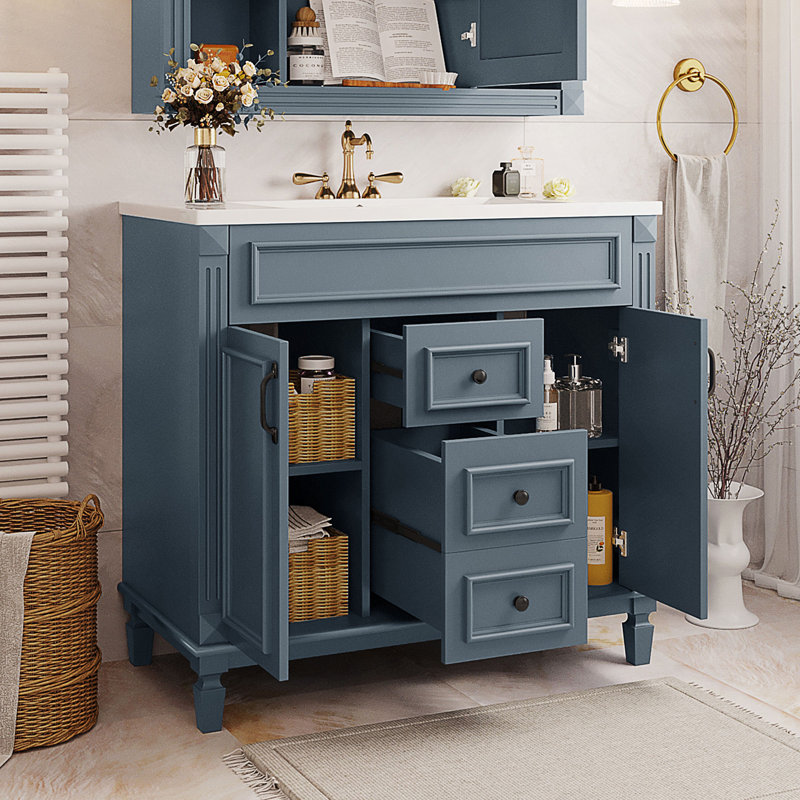 Meuble-lavabo moderne de 36 po avec lavabo supérieur, portes à fermeture douce et tiroirs pour un rangement efficace, Bleu