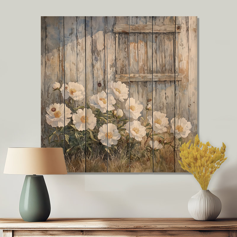 Peonies And The Weathered Barn I - Peonies Wood Wall Art - On Natural Pine Wood, 30" H x 30" W x 0.78" D