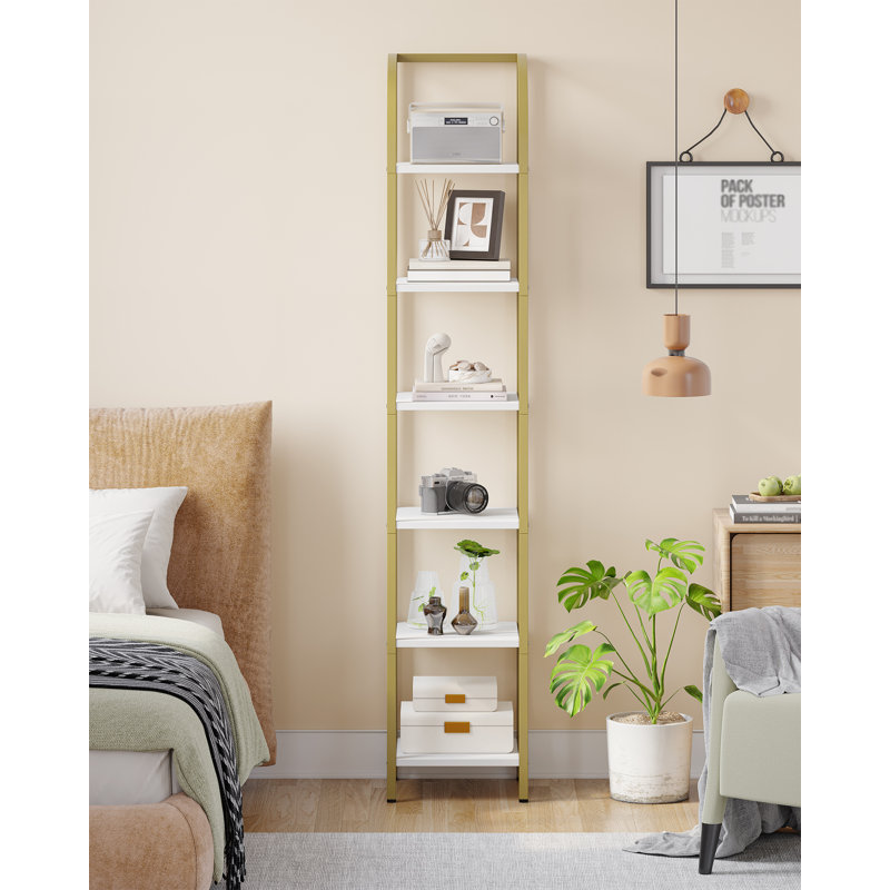 Bibliothèque étagère étroite avec cadre en acier pour bureau, (6 Shelves) 70.3"H x 11.8"W x 11.8"D, Blanc / Doré