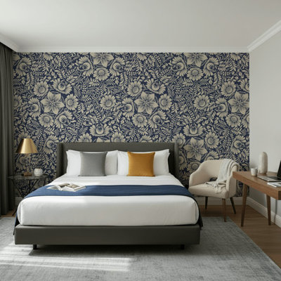 Papier peint floral rétro bleu marine classique