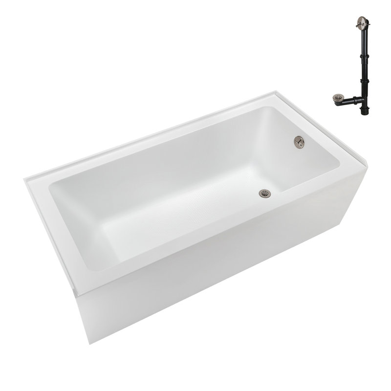 Baignoire en alcôve en acrylique blanc brillant avec drain extérieur 66 po x 32 po Streamline, Nickel brossé