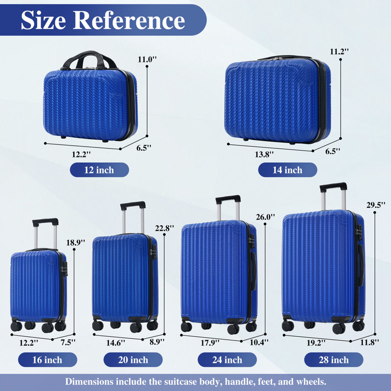 Ensemble 6 pièces de bagage, valise rigide en ABS avec roues pivotantes, verrou TSA, crochets latéraux, bagage à main léger et bagage à main