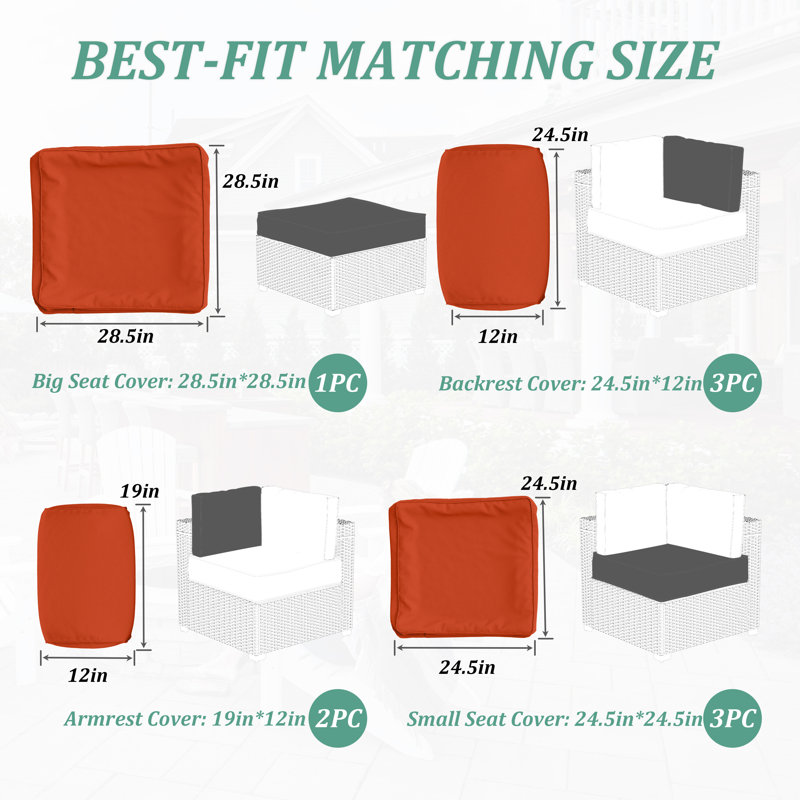 9-Piece Outdoor Cushion Cover Set (Set Of 3 Seats , 5 Backs, 1 Footrest)， Only Covers, Orange