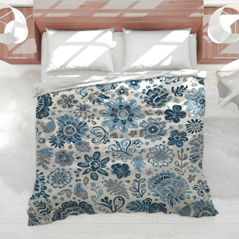 Édredon bleu à motif floral, Très grand lit
