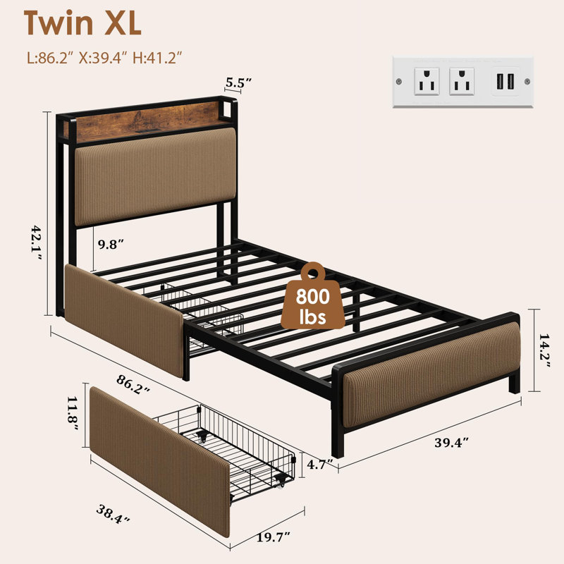 Structure de lit avec 2 tiroirs et station de charge, tête de lit tapissier en velours côtelé, rangement sous le lit, TWIN-XL