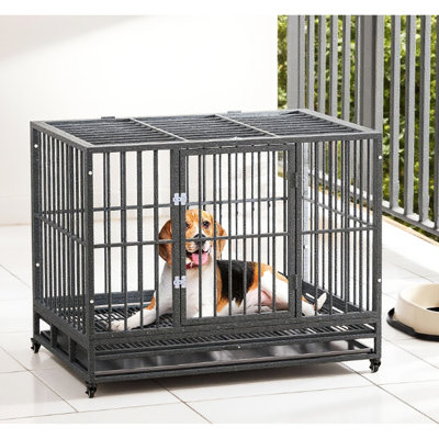 Metal Dog Crate With Lockable Wheels, 43", Double Door, Removable Tray, Grey For Puppies Heavy Duty House
