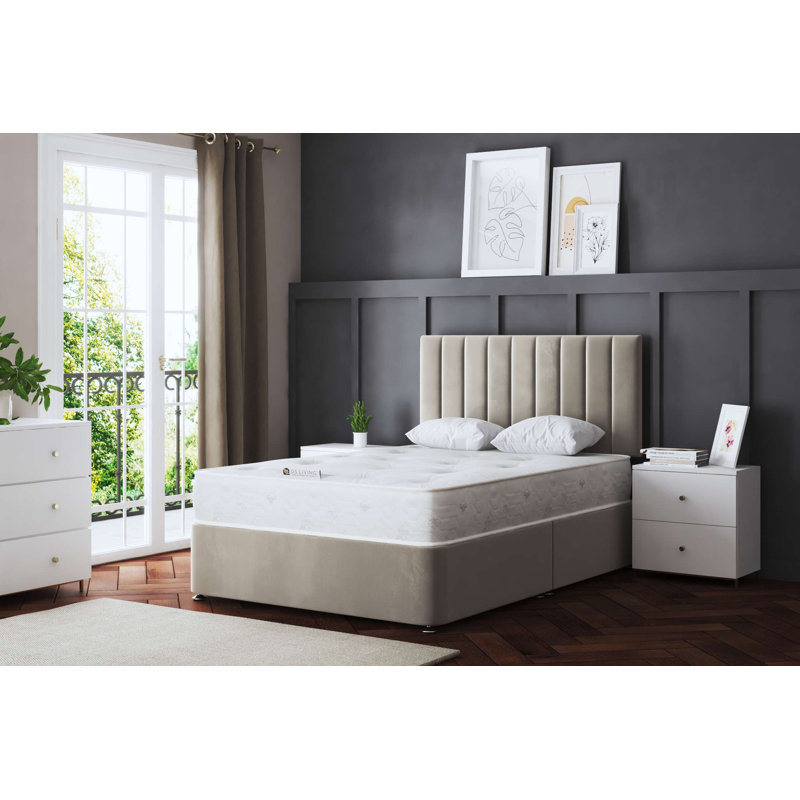  Upholstered Panel Divan Bed with Headboard, Beige, Double (4'6)