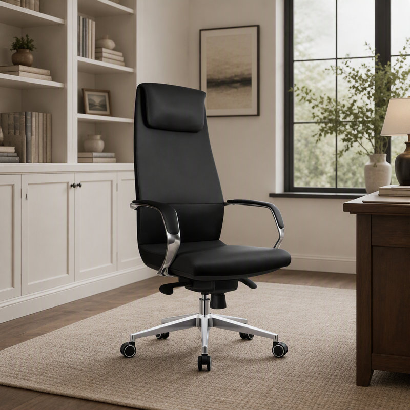 Chaise ergonomique à dossier haut avec assise réglable et roulettes à roulement fluide, idéale pour le confort et la mobilité dans tout espace de travail.