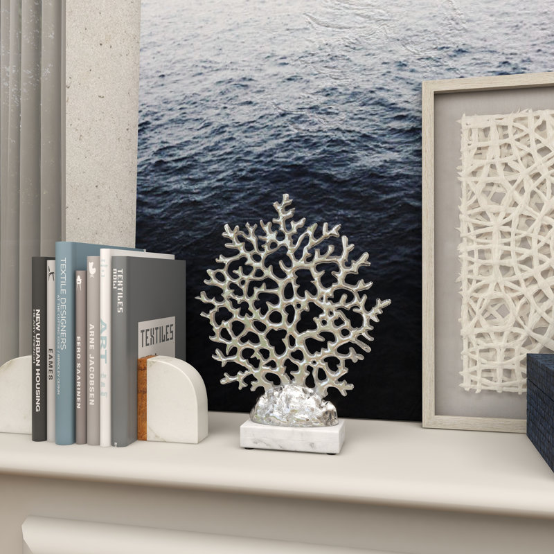 Elegant Silver Coral Sculpture on Marble Base 12"x15"