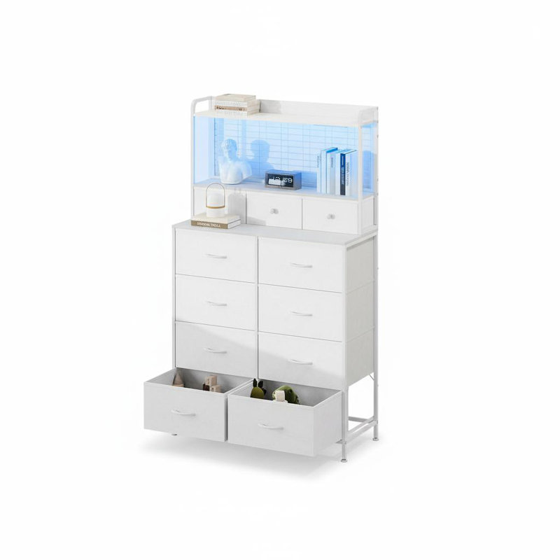 11 Drawers Fabric Tall Dresser with LED Lights & Charging Station, Storage Chest with Open Shelves for Bedroom Entryway