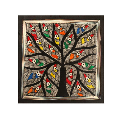 Black And White Tree Full Of Birds | Madhubani Painting | Handmade Paper
